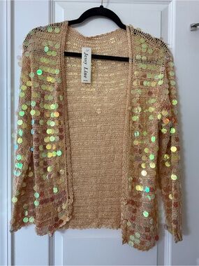 Jessy Line Open-Front Sequin Crochet Cardigan - Rose Gold - New With Tags